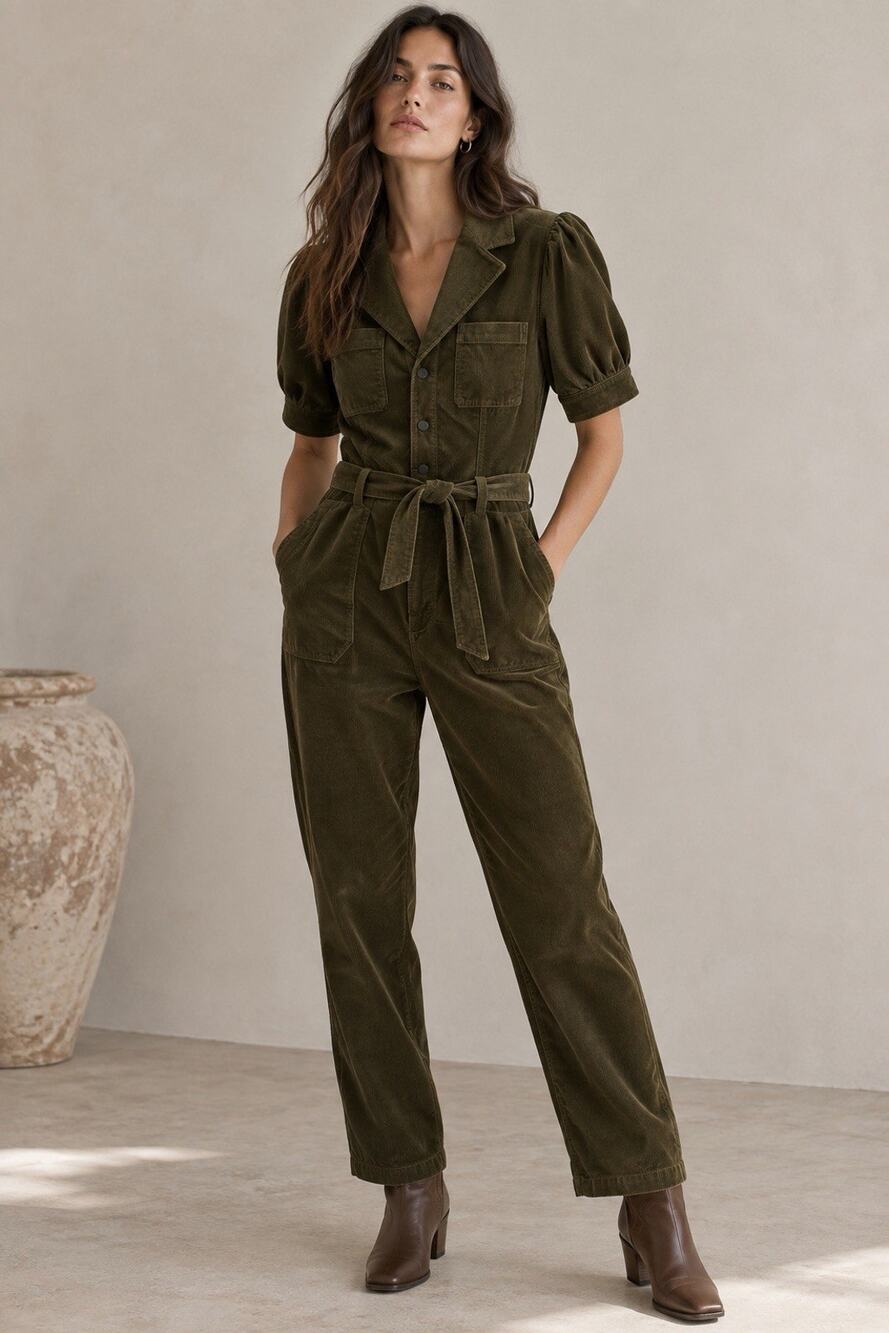 PAIGE Olive Corduroy Utility Jumpsuit S/M Belted Puff Sleeve Stretch Boiler
